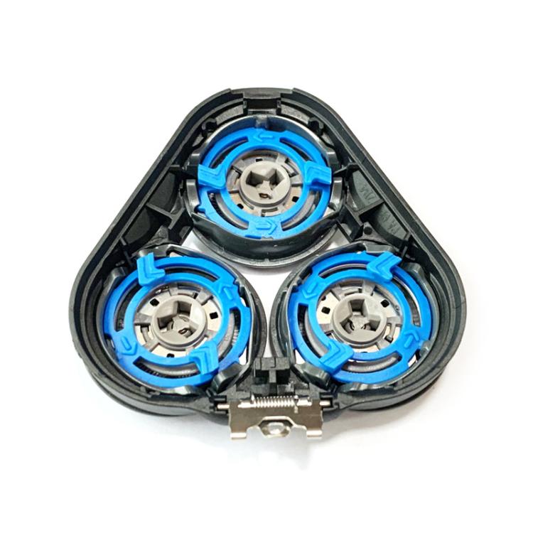 Shaver blade and bracket set internal view with three blue-ring cutters