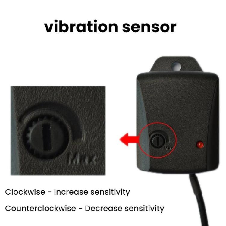 Vibration sensor with sensitivity knob and red indicator light, black body