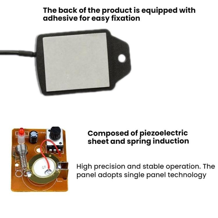 Black vibration sensor with adhesive back pad and connector cable