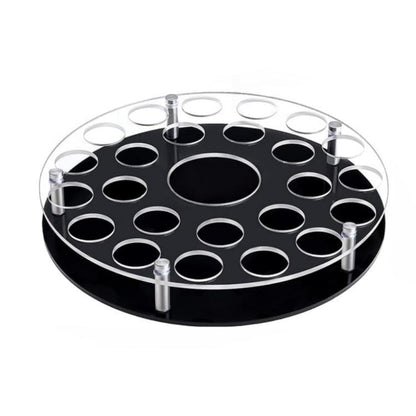 Wine glass tray stand with 25 holes and center bottle slot: black round tray, clear posts
