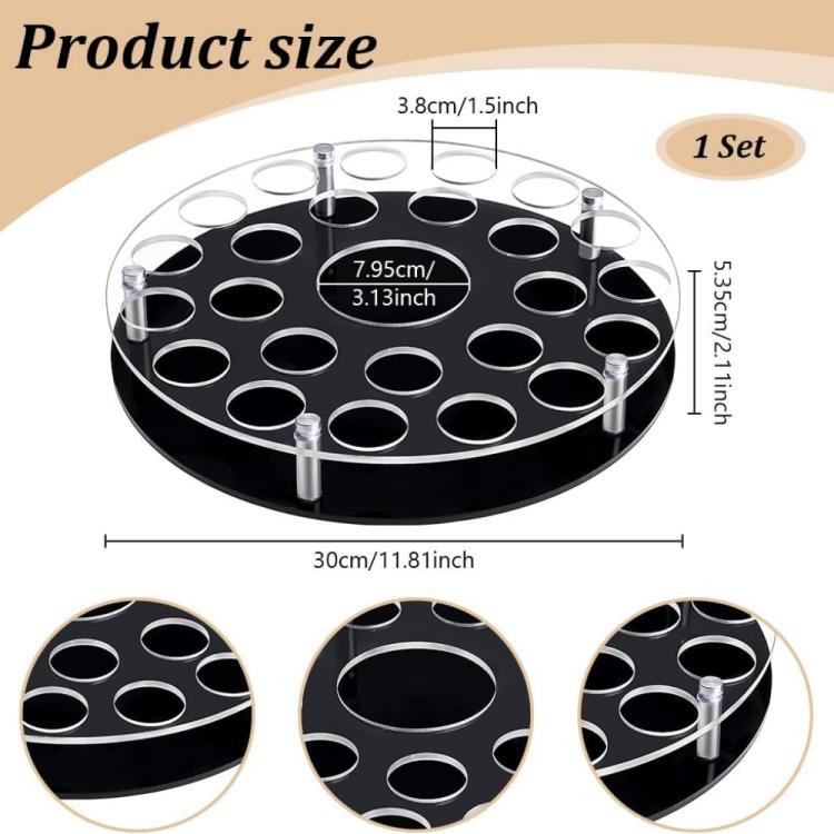 Wine glass tray stand, 25-hole circular design with center bottle slot, black base and clear posts