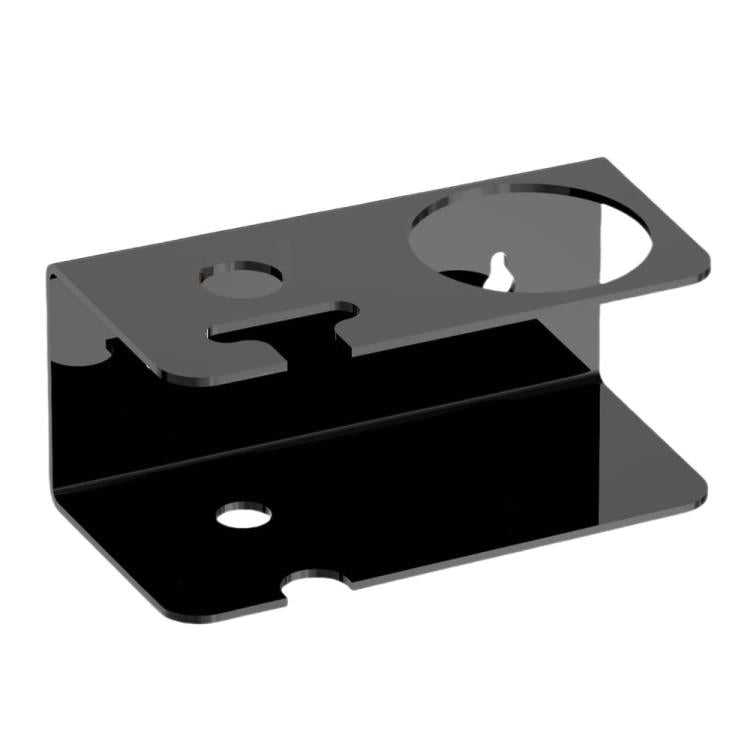 Black wall-mounted acrylic razor storage stand with slot compartments and mounting holes