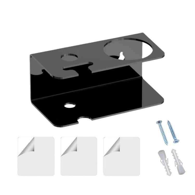 Black wall-mounted acrylic razor storage stand with open top and included mounting hardware