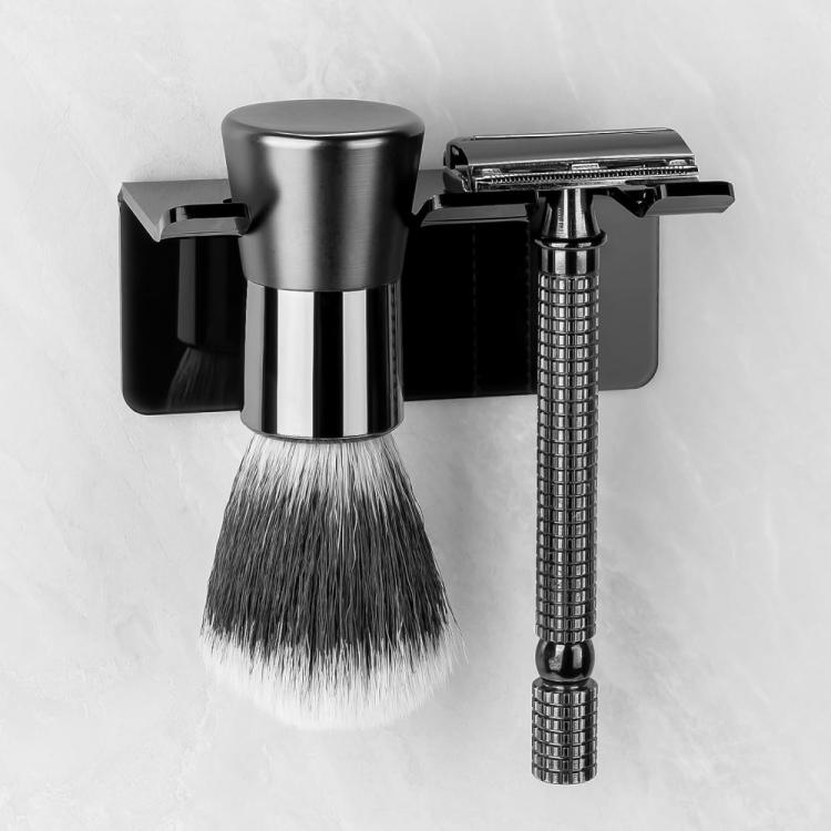 Wall-mounted self-adhesive razor holder with black open slots for grooming tools