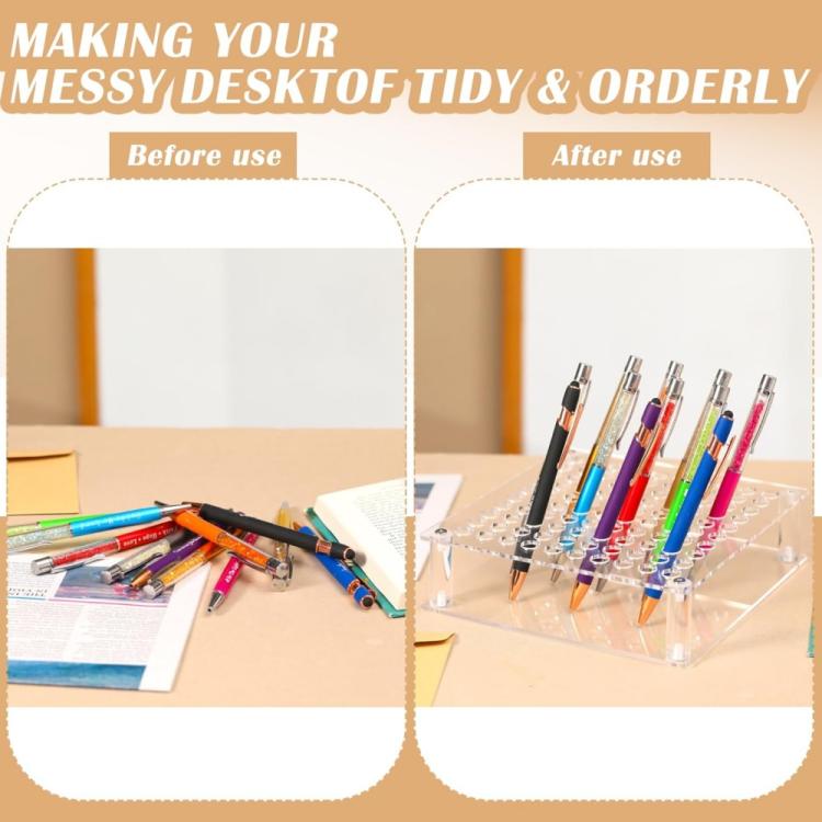 Clear acrylic desk organizer showing before-and-after assembly with hole grid stand