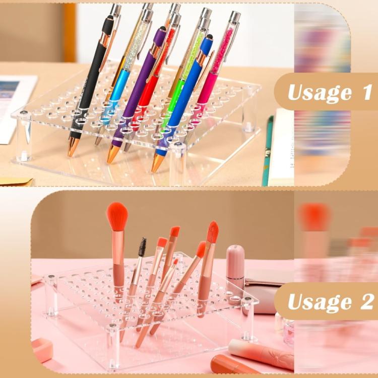 Clear acrylic pen holder displaying multiple pens upright in a 100-hole grid