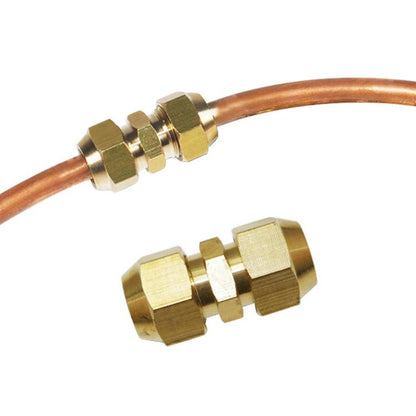 Brass compression-style copper pipe extension joint connector with quick-fit ends