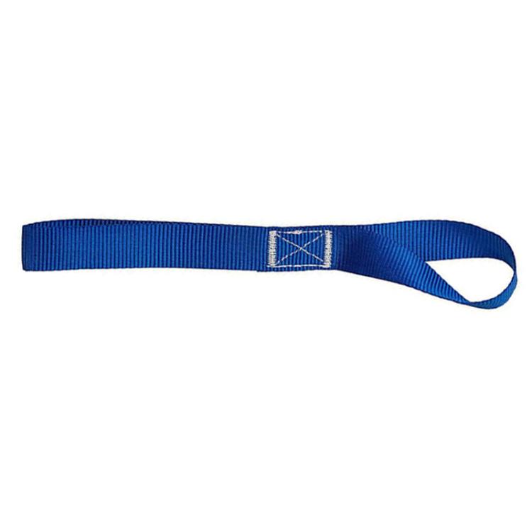 Blue webbing luggage strap with stitched cross center and white loop end