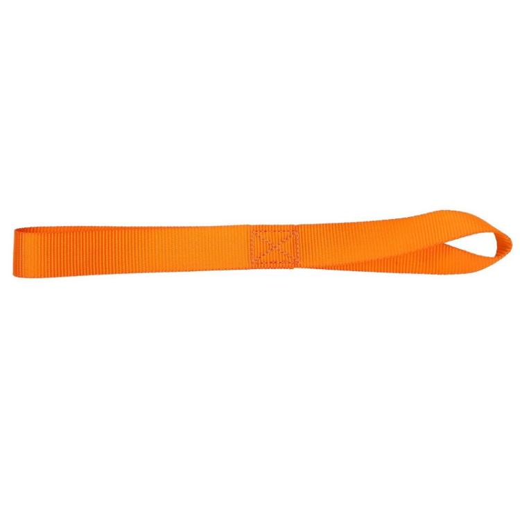 Orange webbing luggage strap with stitched cross center and white loop end