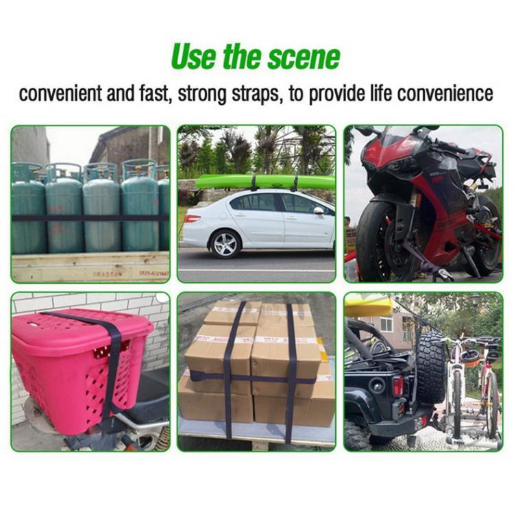 Blue cross-woven luggage strap shown securing cargo on multiple vehicles
