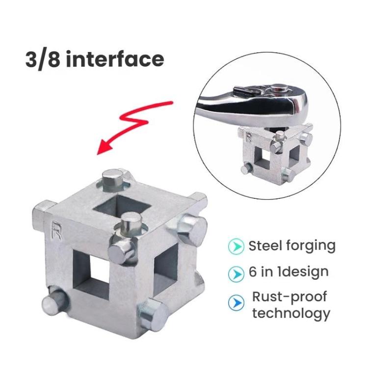 Disc brake piston adjuster tool with 3/8 interface socket end, silver metal