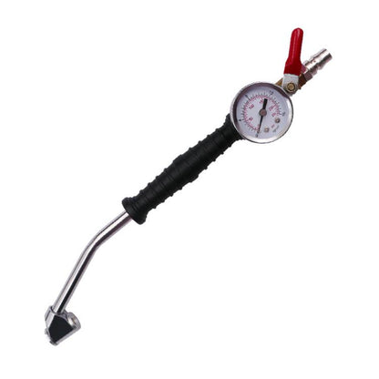 Truck tire inflation rod with pressure gauge and quick-connect red lever handle
