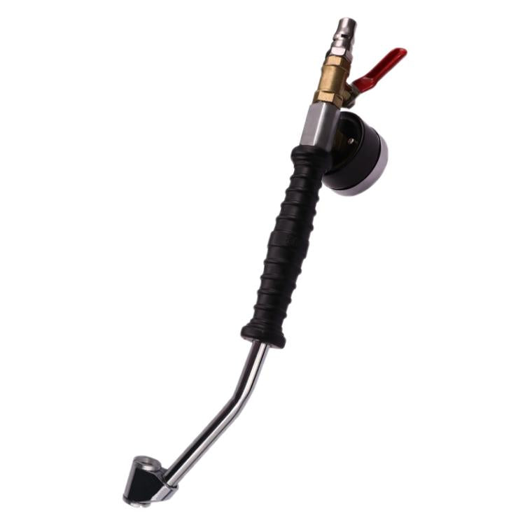Extended tire inflation hose with gauge, brass valve and red safety lever