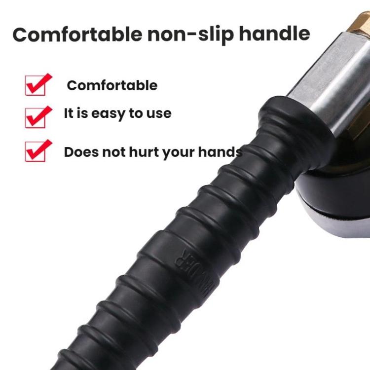 Non-slip rubber handle on tire inflation rod with pressure gauge connector