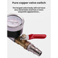 Tire valve switch with pressure gauge and red lever, copper and steel connectors