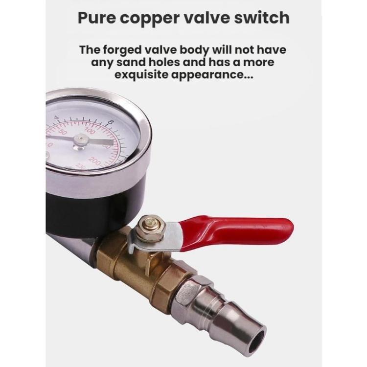 Tire valve switch with pressure gauge and red lever, copper and steel connectors