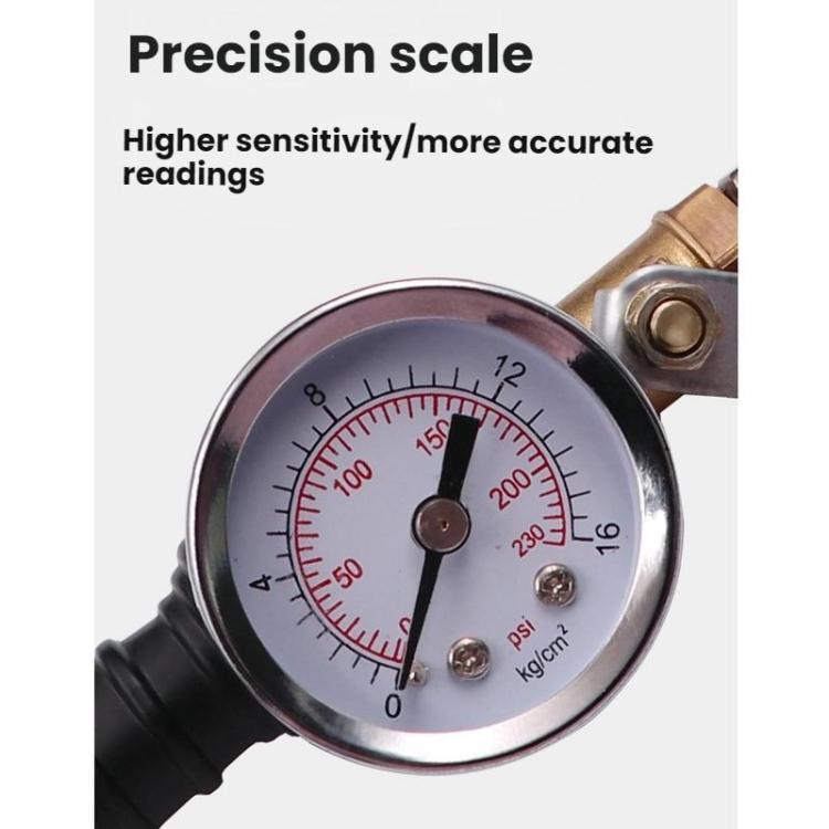 Round tire pressure gauge dial with psi and kg/cm² markings on inflation rod