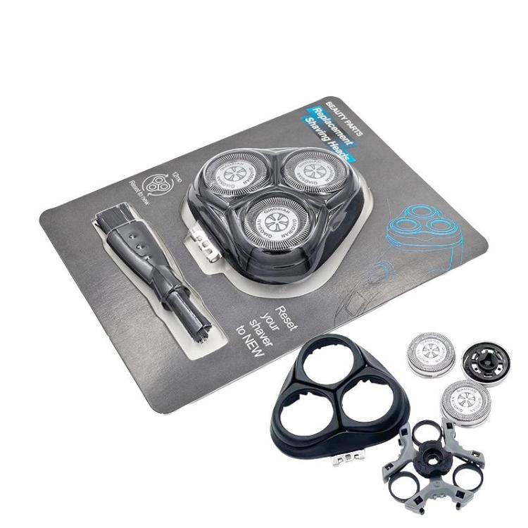 Electric shaver head replacement kit with three rotary foil cutters and handle trimmer
