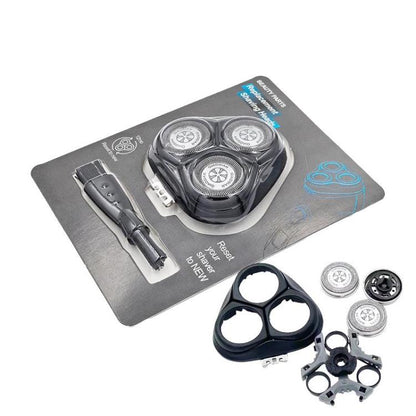 Electric shaver head replacement kit with three rotary foil cutters and handle trimmer