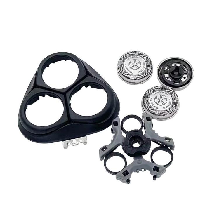 Electric shaver head replacement frame with three round foil cutters and mounting clips