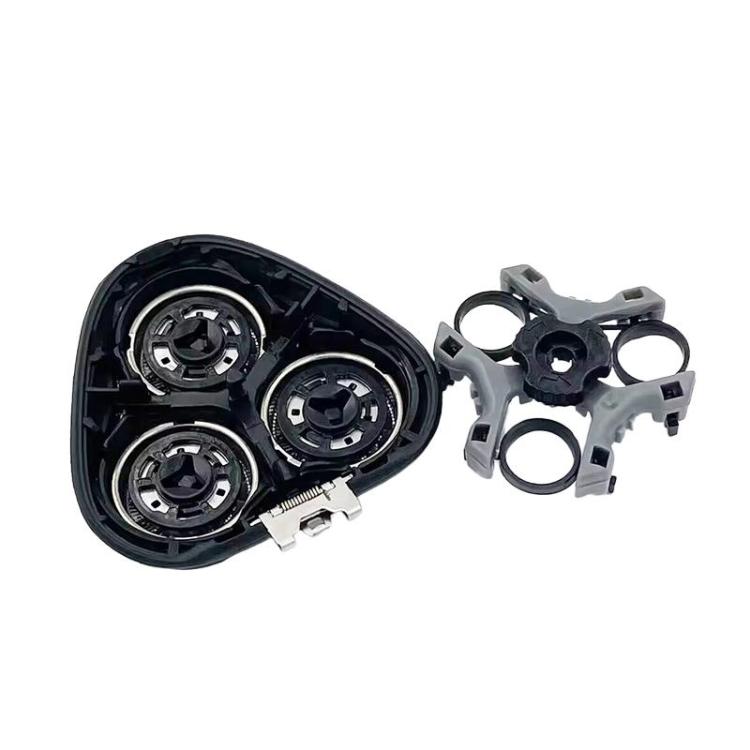 Rotary shaver cutter assembly with three foil heads and black mounting housing parts