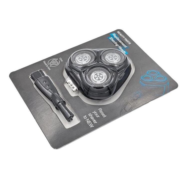 Electric shaver head replacement kit in blister with three rotary foil cutters and trimmer