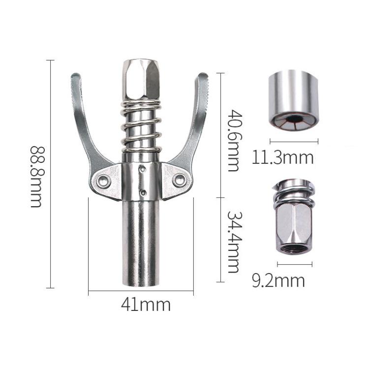 Double-handle grease nozzle pliers with dimensions shown on a clean layout