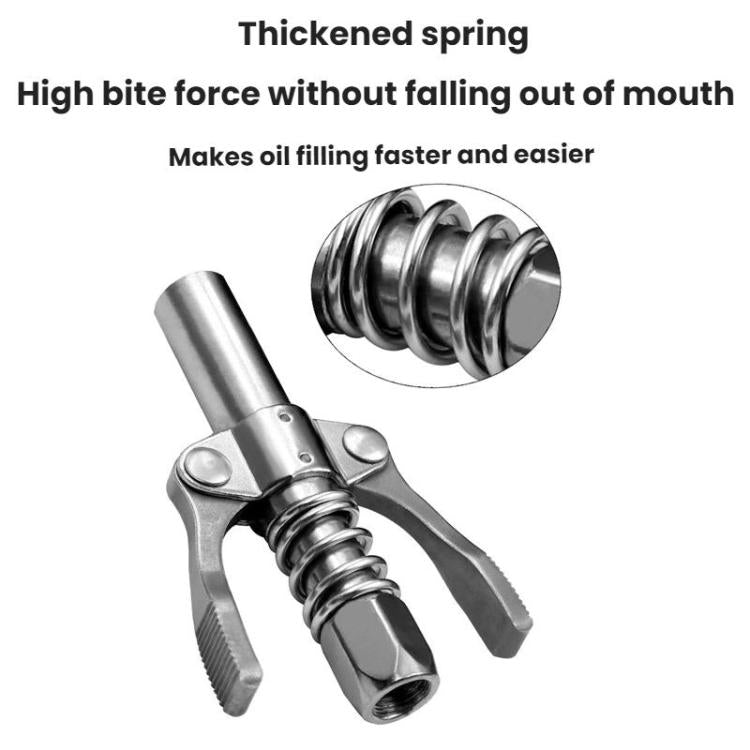 Grease nozzle pliers with thickened spring and threaded outlet fitting