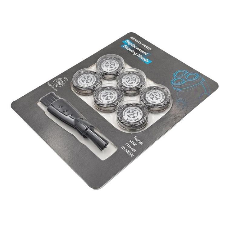 Replacement shaving head set with 6 silver discs and attached handle in blister pack