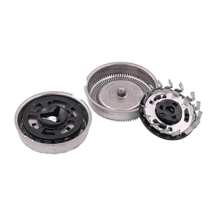Replacement razor head assembly components: two silver discs with black blade bases
