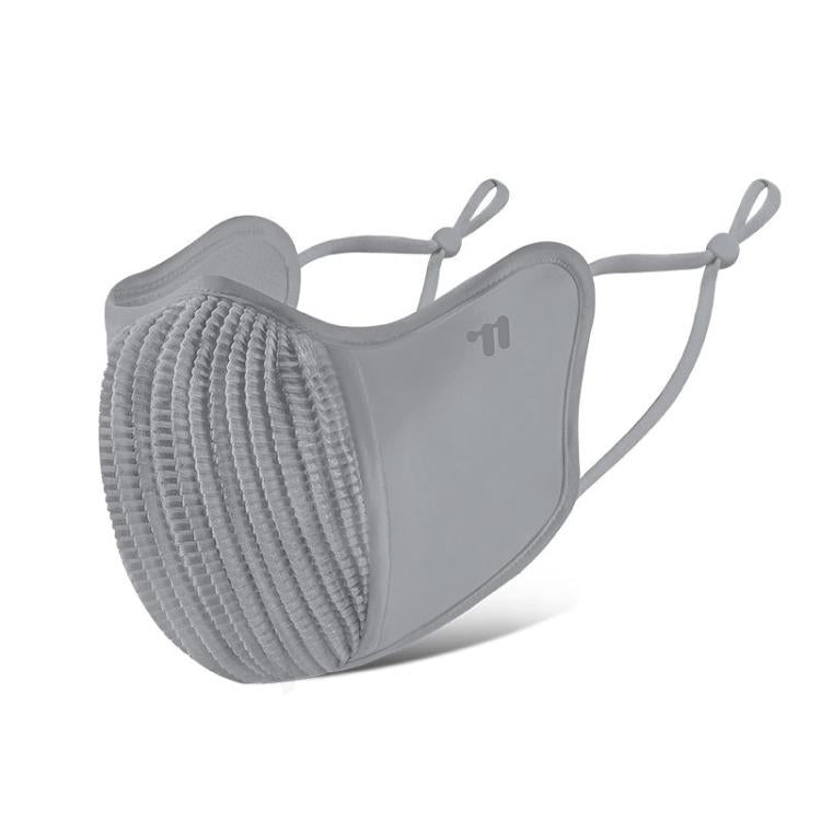 Gray breathable face mask with textured mesh front and adjustable ear straps