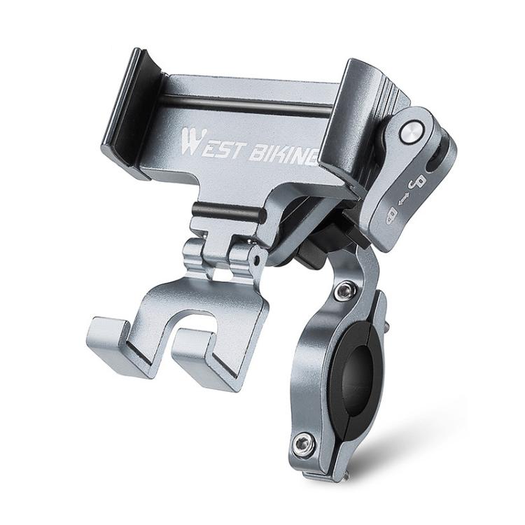 Bicycle phone mount with silver bracket and black phone holder cradle for handlebars