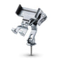 Bicycle phone mount with silver clamp and black cradle with anti-shake bumper