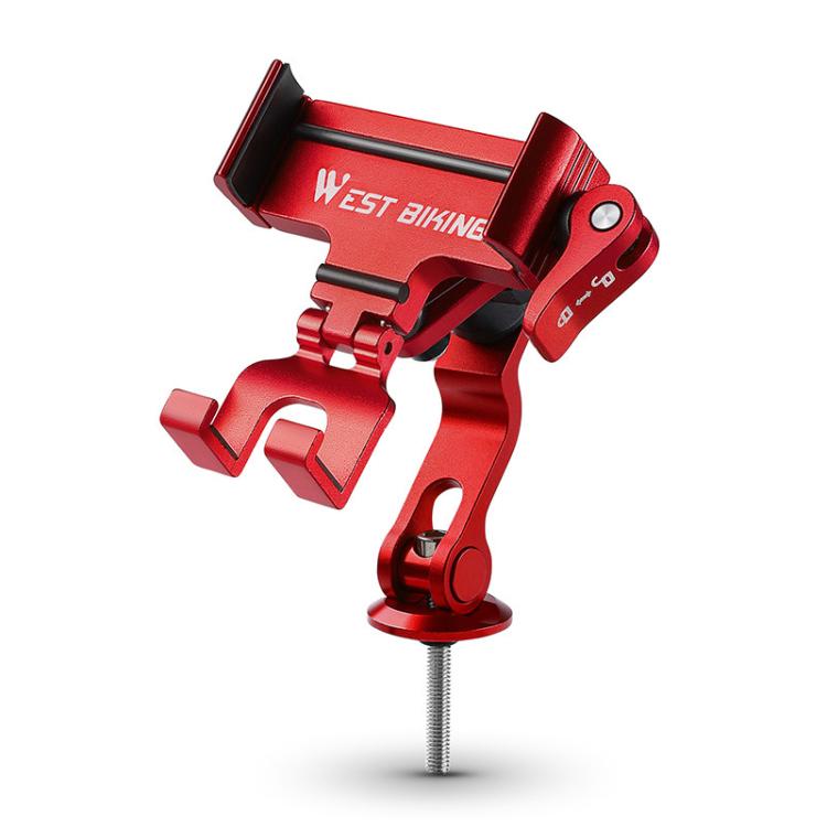 Bicycle phone mount with red clamp and black cradle mounted on bike stem