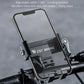 Bicycle phone mount holding smartphone in adjustable rotating black cradle