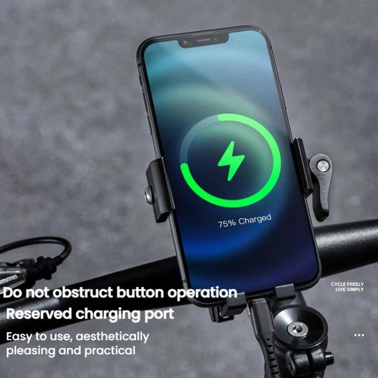 Bicycle phone mount holding smartphone with charging port access