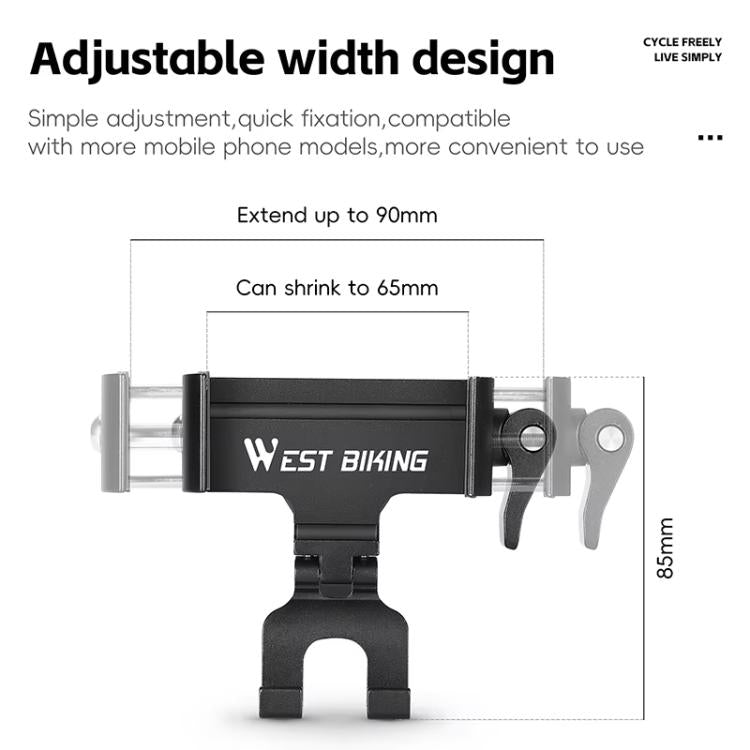 Adjustable width bike phone mount fits phones from 65–90 mm, clamp shown
