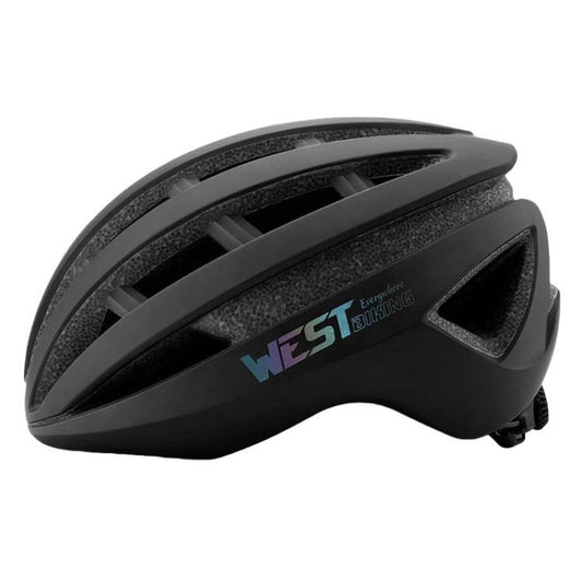 Black road cycling safety helmet with vented shell and rear adjustment clips