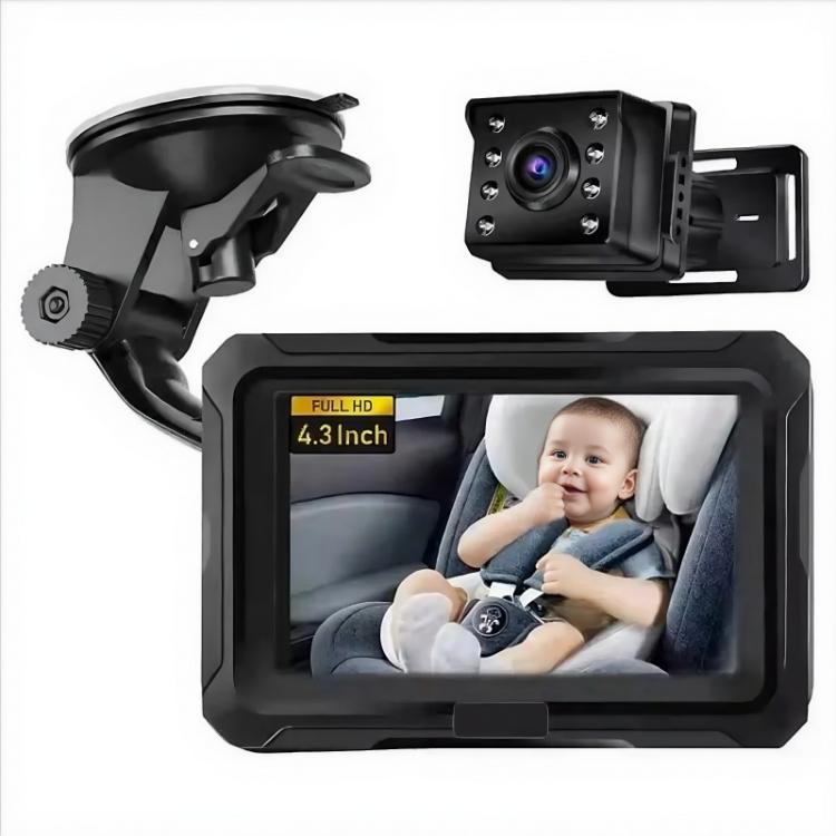 Car baby monitor with 4.3-inch screen and front camera, showing infant in back seat
