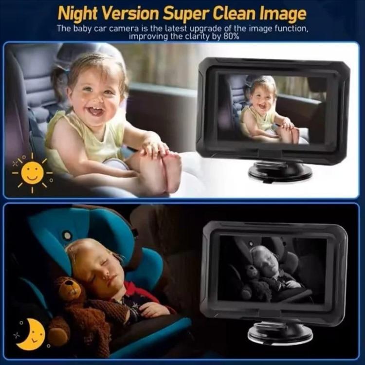 Car baby monitor with night vision camera, showing infant views in lit and dark scenes