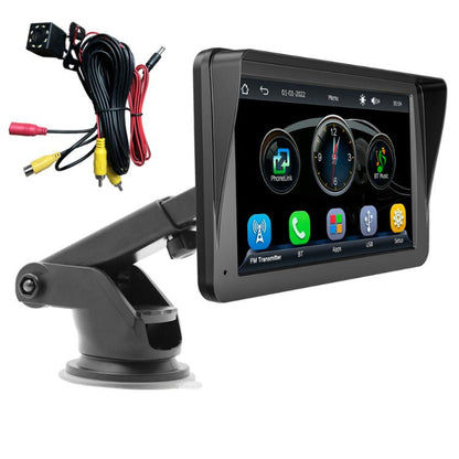 Car MP5 touchscreen player with dashboard mount, wiring kit, and small camera module