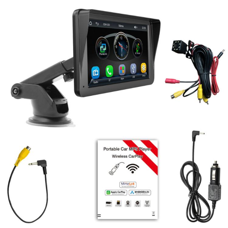 Car MP5 touchscreen player with dashboard mount stand and camera wiring accessories