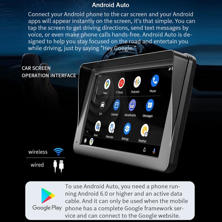 Wireless car multimedia player with tilted 7-inch touch screen showing apps