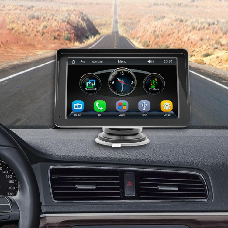 Wireless car multimedia player mounted on dashboard with 7-inch touch screen
