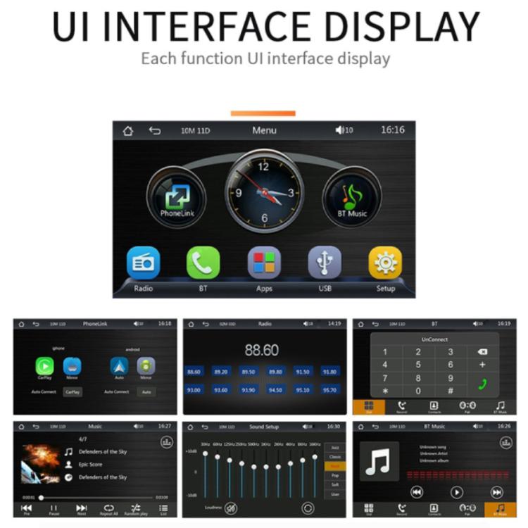 Car MP5 touchscreen interface display with icons and app-style menu screens