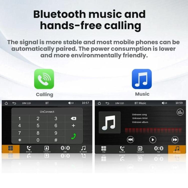 Car MP5 touchscreen showing Bluetooth hands-free calling and music playback screens