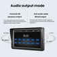 Car MP5 touchscreen showing audio output mode selection for FM or wired AUX