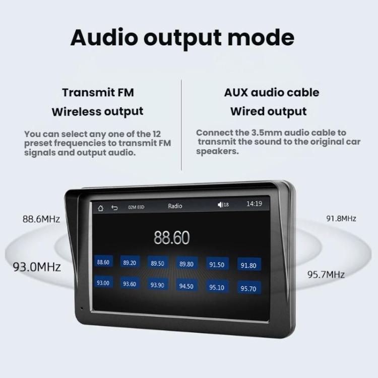 Car MP5 touchscreen showing audio output mode selection for FM or wired AUX
