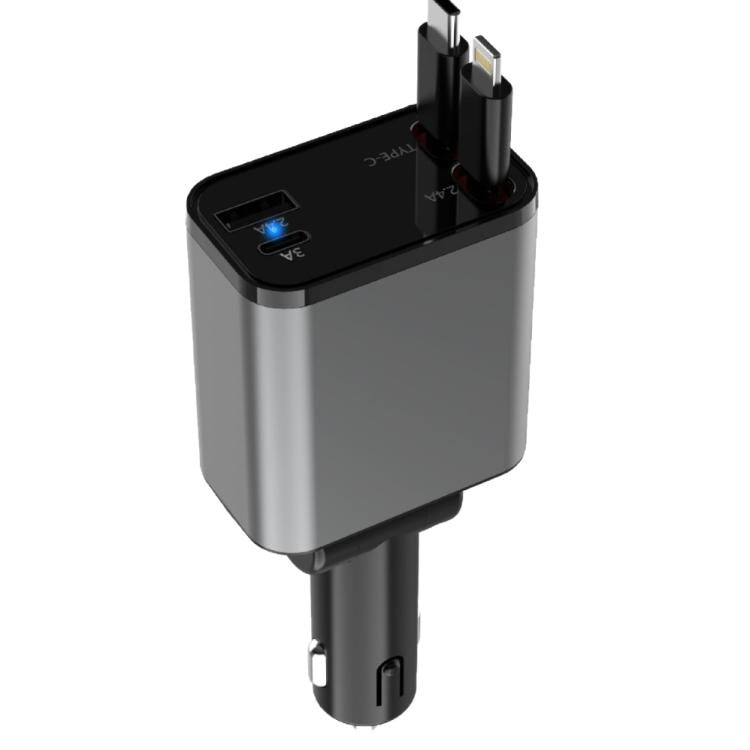 Compact car charger with LED indicator and dual plug connectors, retractable-style body