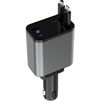 Compact car charger with LED indicator and dual plug connectors, retractable-style body